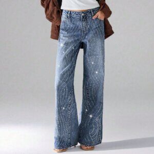 New 2026 Rhinestone Embellished wide Leg Jeans Size Large 12